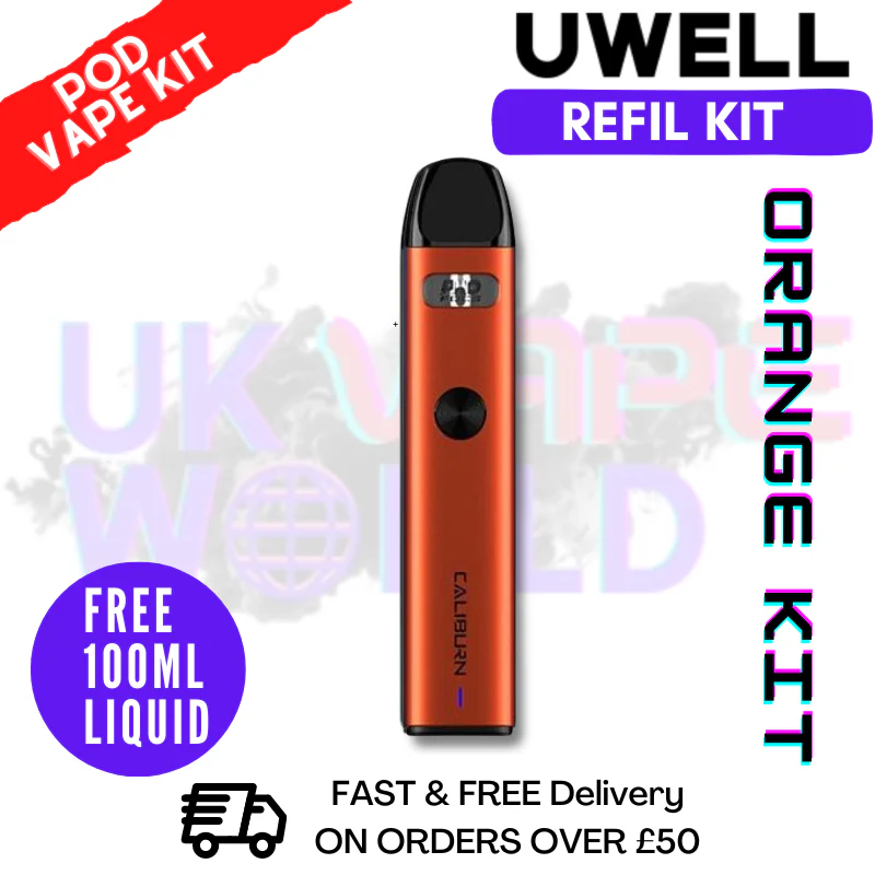 Orange Uwell Caliburn A2 Pod Kit + Free 100ML E Liquid